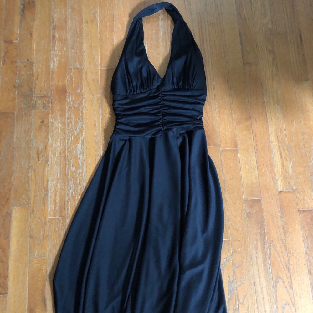 Black flowing halter top dress